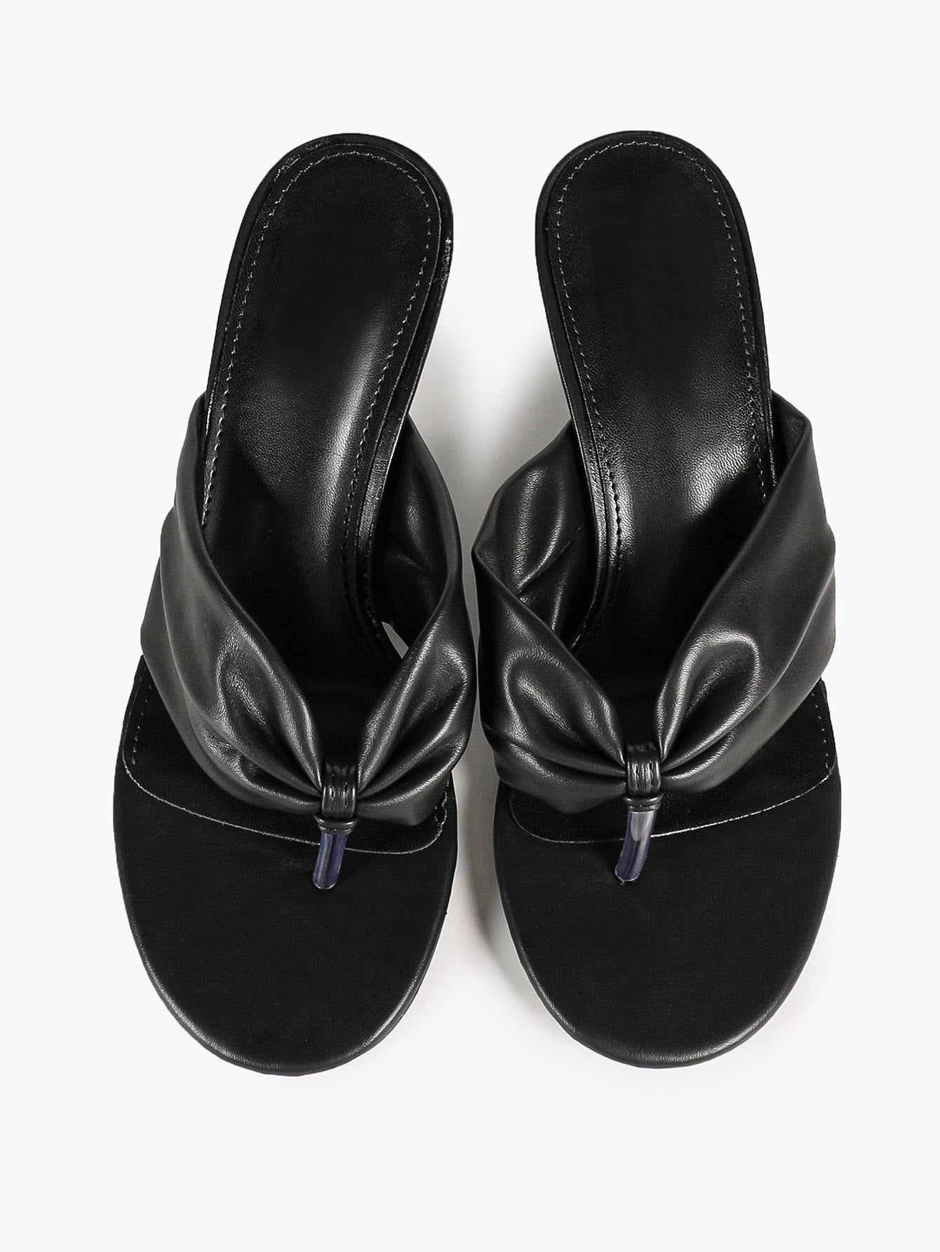 Black Faux Leather Ruched Twist Thong Mule Sandals Kitten Heels Slip-On with Soft Insole