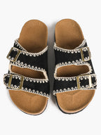 Taupe Suede Slides with Contrast Whipstitch Trim and Gold-Tone Buckles
