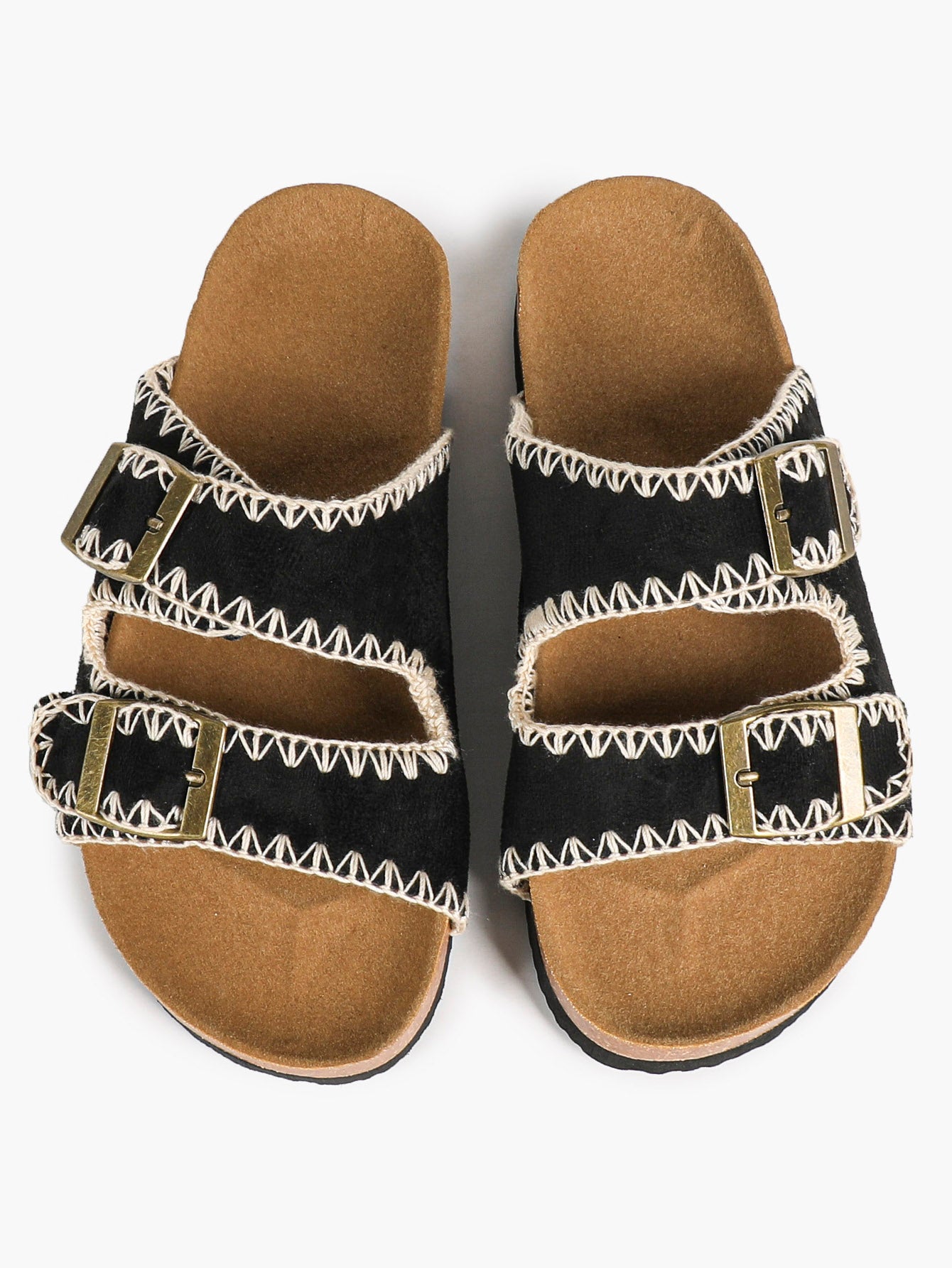 Taupe Suede Slides with Contrast Whipstitch Trim and Gold-Tone Buckles