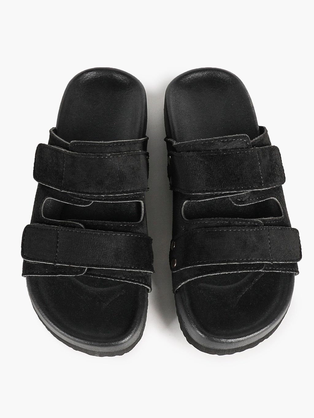 Black Suede Double-Strap Velcro Slide Sandals with Cushioned Footbed