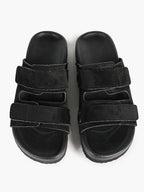 Black Suede Double-Strap Velcro Slide Sandals with Cushioned Footbed