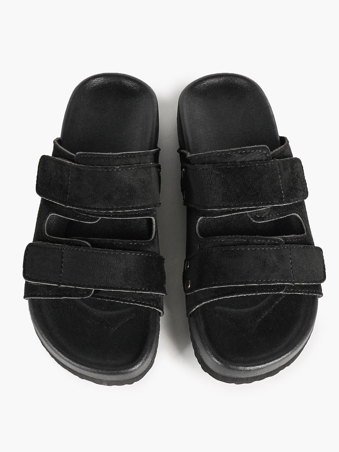 Black Suede Double-Strap Velcro Slide Sandals with Cushioned Footbed