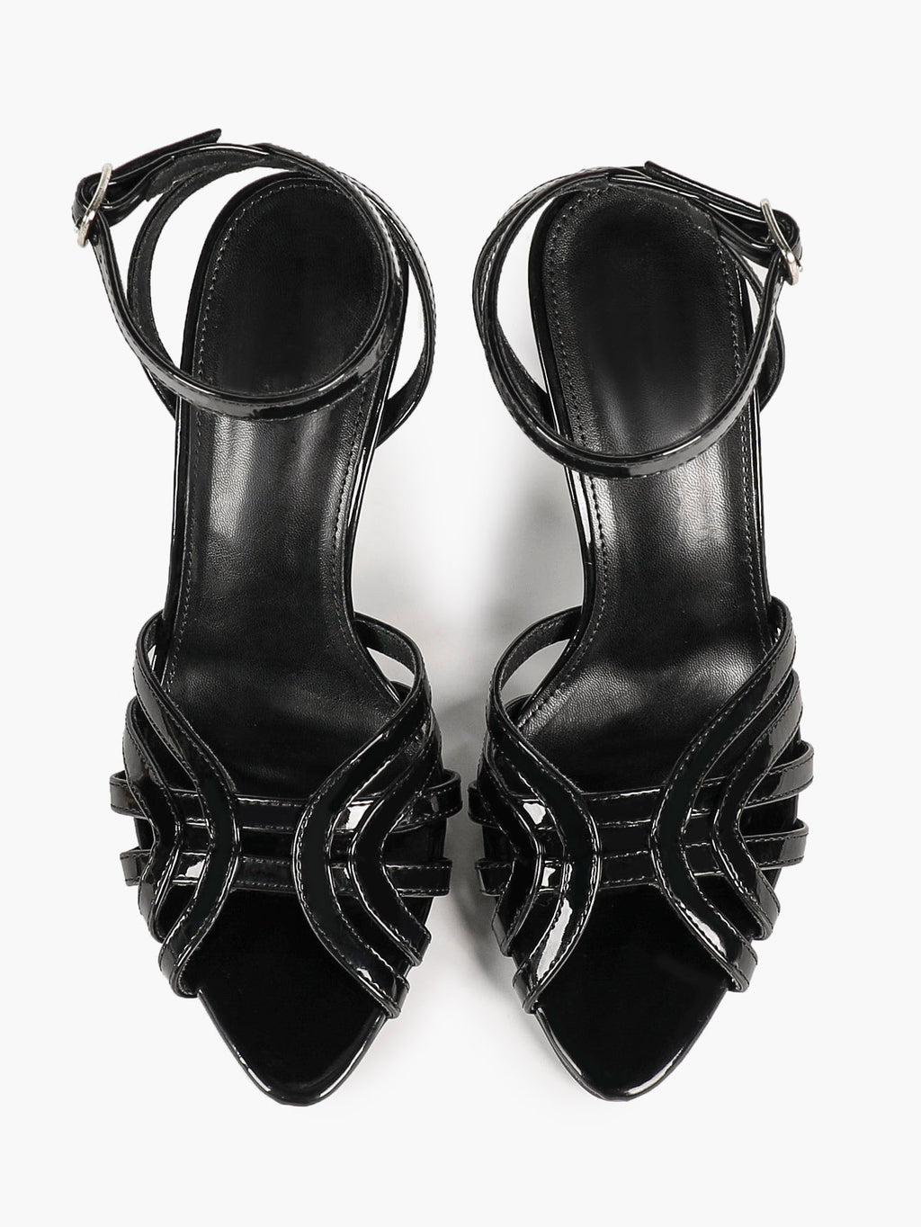 Urban Lattice: Black Patent Cage-Strap Stilettos for the Modern Power Woman