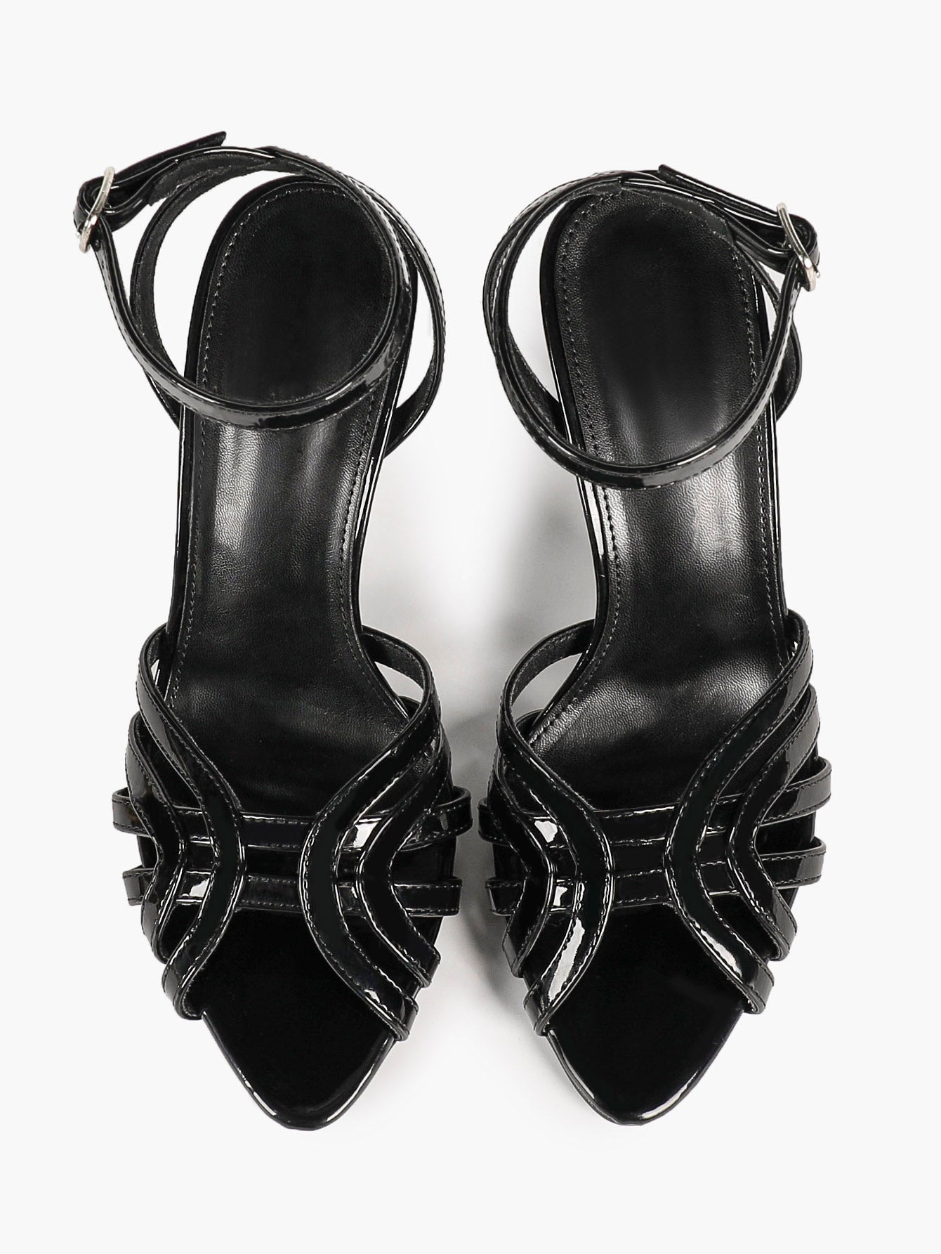 Urban Lattice: Black Patent Cage-Strap Stilettos for the Modern Power Woman