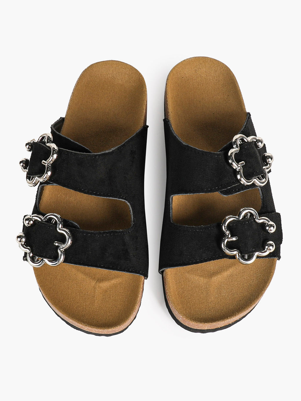 Black Suede Double-Buckle Slides with Silver-Tone Floral Hardware