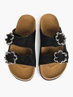 Black Suede Double-Buckle Slides with Silver-Tone Floral Hardware