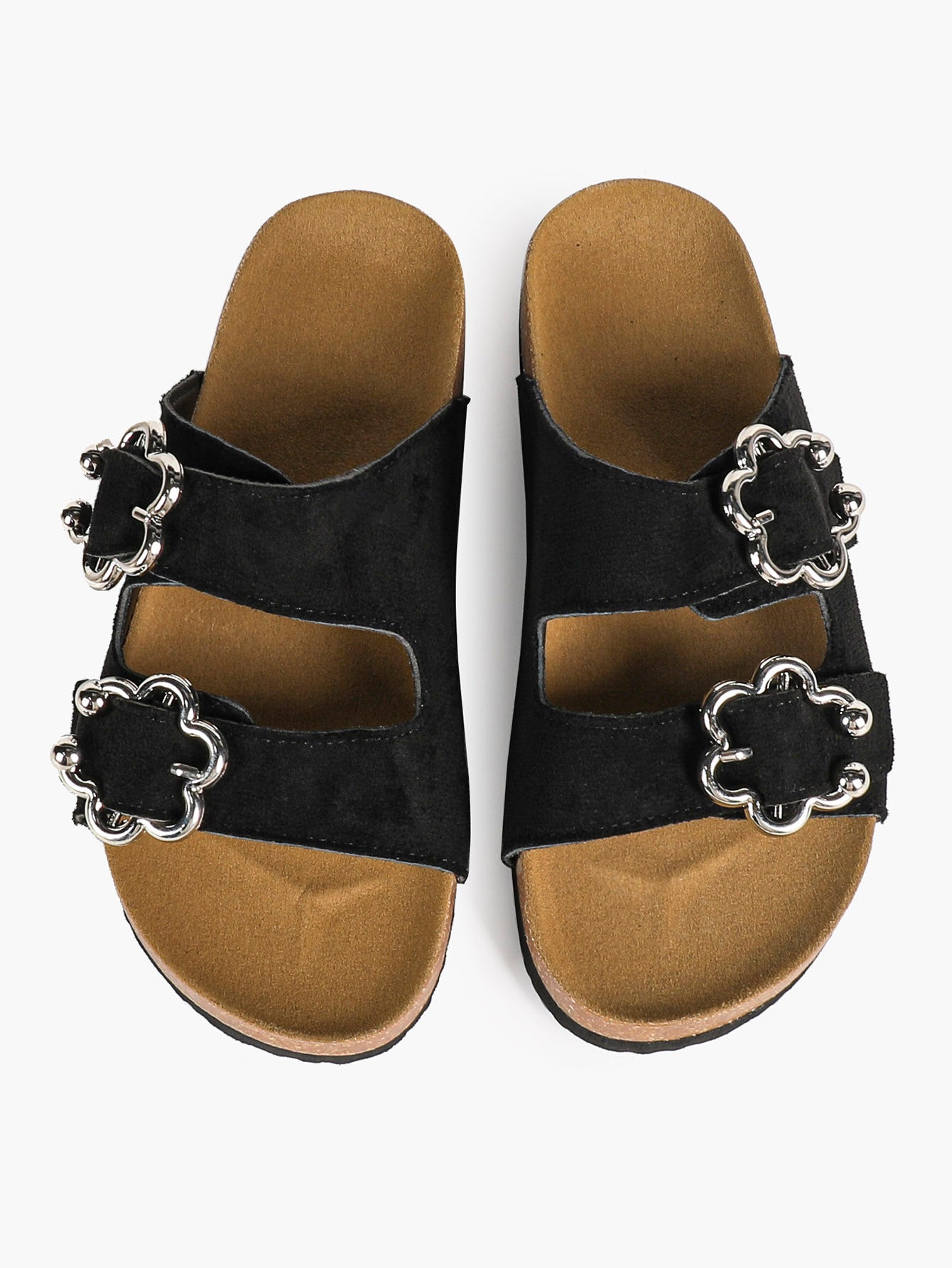 Black Suede Double-Buckle Slides with Silver-Tone Floral Hardware