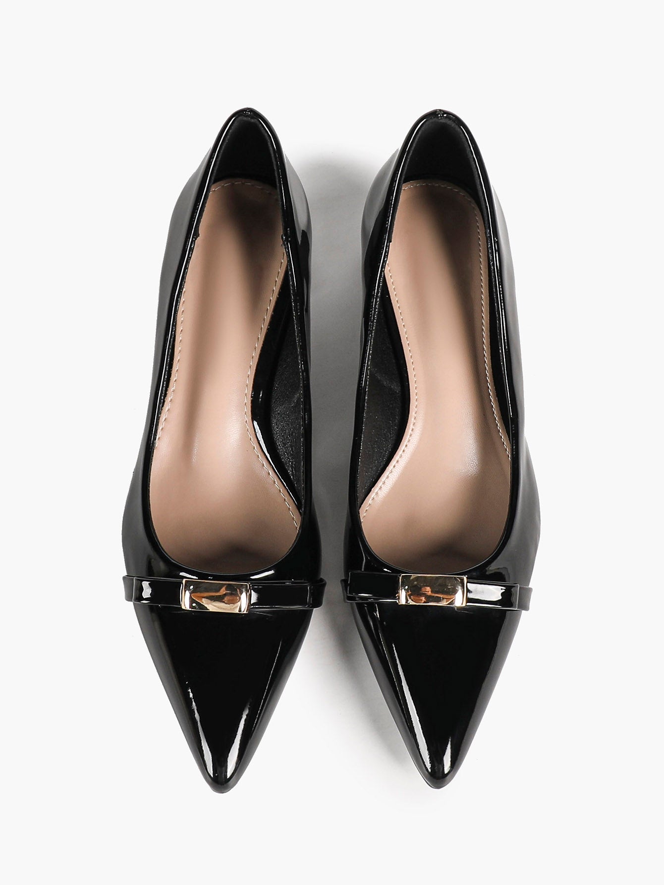 Black Patent Pointed-Toe Heels with Gold-Tone Metal Accent and Block Heel