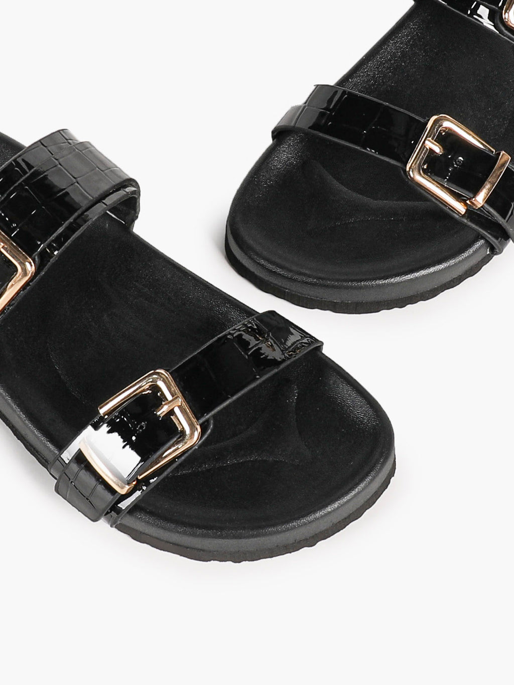 Black Patent Croc-Embossed Double Buckle Slide Sandals