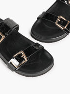 Black Patent Croc-Embossed Double Buckle Slide Sandals