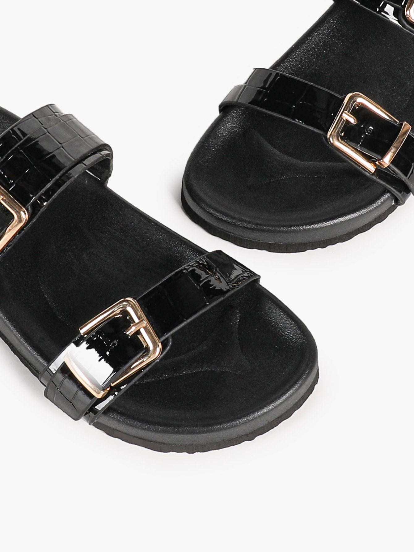 Black Patent Croc-Embossed Double Buckle Slide Sandals