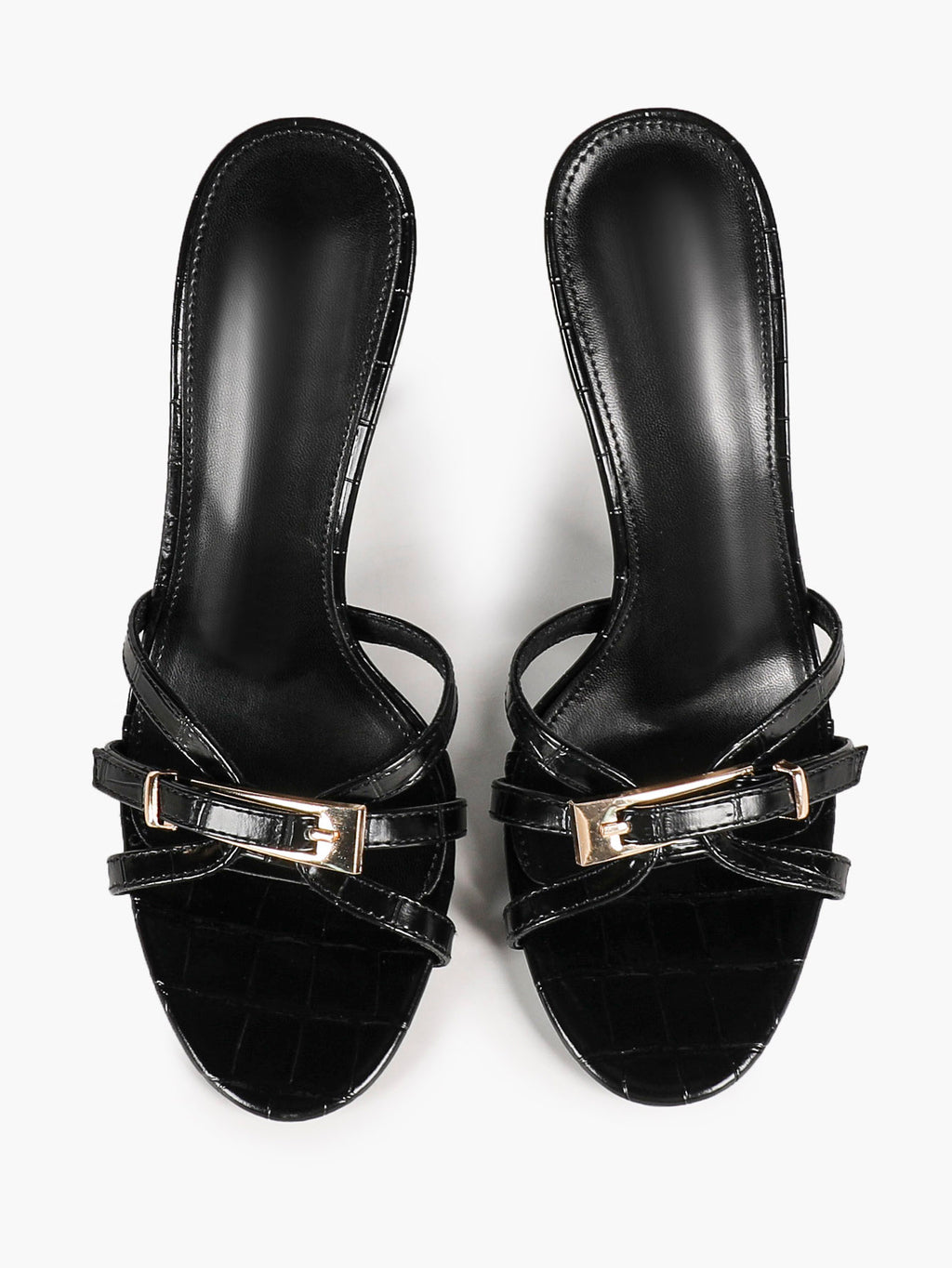 Black Croc-Embossed Patent Leather Strappy Mule Sandals Metal Buckle Detail High Stiletto Heels