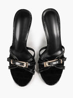 Black Croc-Embossed Patent Leather Strappy Mule Sandals Metal Buckle Detail High Stiletto Heels