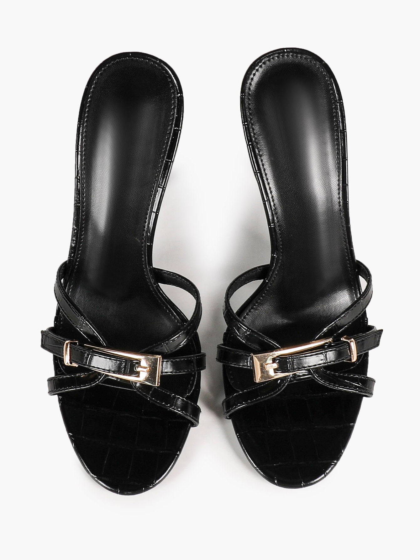 Black Croc-Embossed Patent Leather Strappy Mule Sandals Metal Buckle Detail High Stiletto Heels