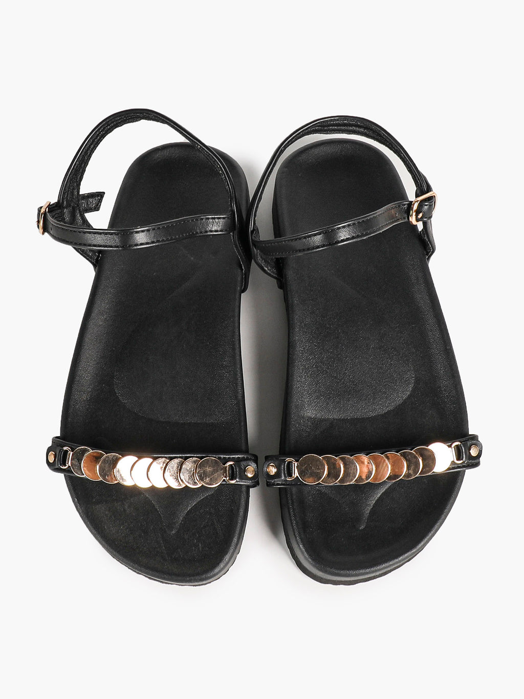 Black Leather Flat Sandals with Gold Coin Detail and Ankle Strap Summer Vacation