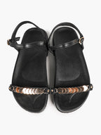 Black Leather Flat Sandals with Gold Coin Detail and Ankle Strap Summer Vacation