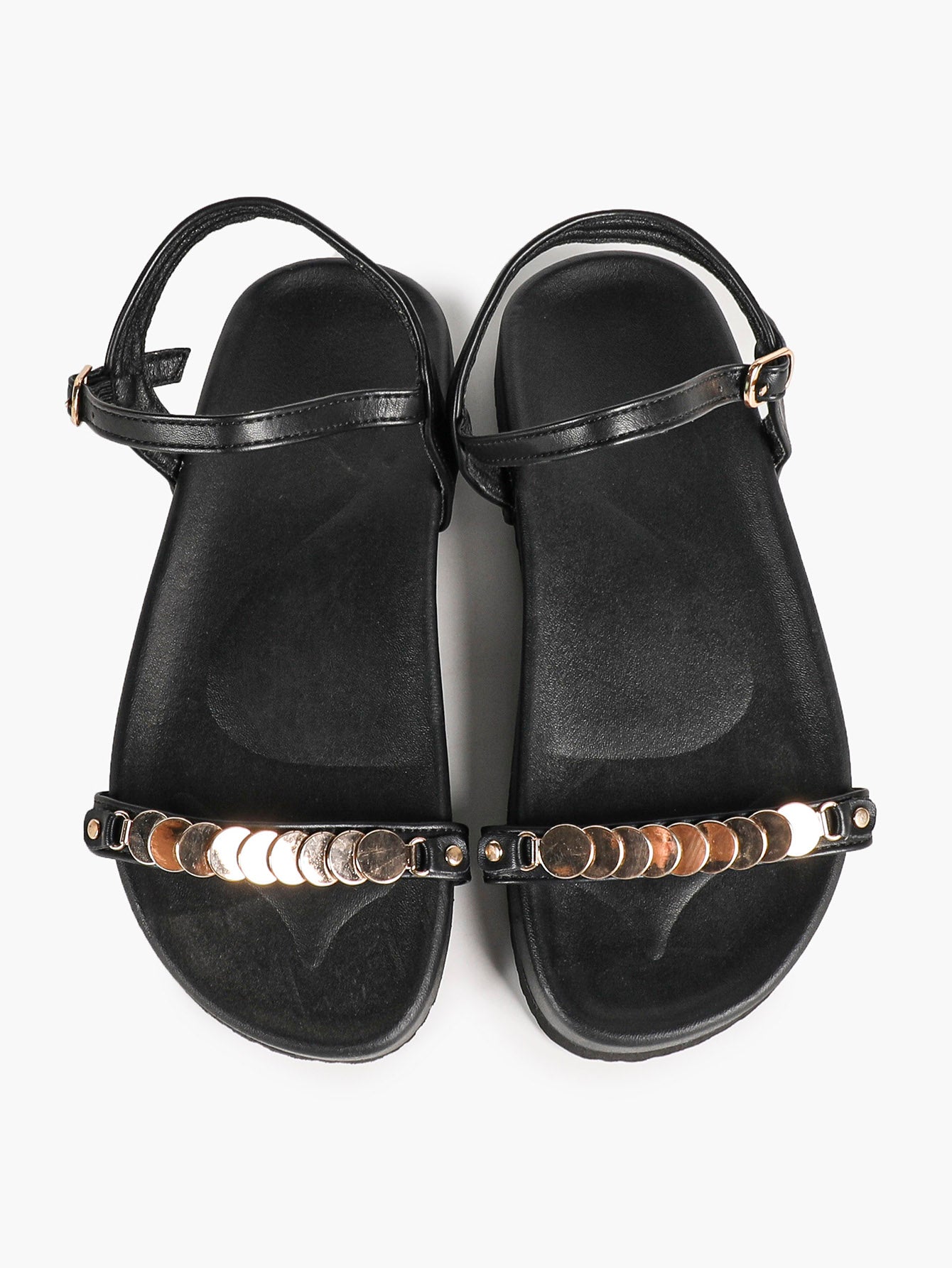 Black Leather Flat Sandals with Gold Coin Detail and Ankle Strap Summer Vacation