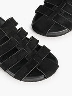 Camel Suede Woven Cage Slides with Silver-Tone Side Buckle
