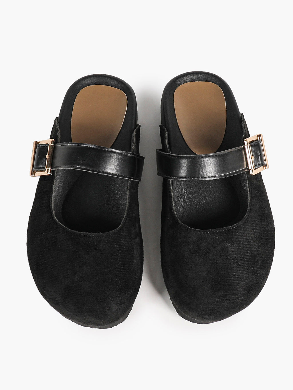Black Suede Mary Jane Mule with Gold-Tone Buckle and Cushioned Sole