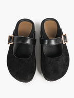 Black Suede Mary Jane Mule with Gold-Tone Buckle and Cushioned Sole