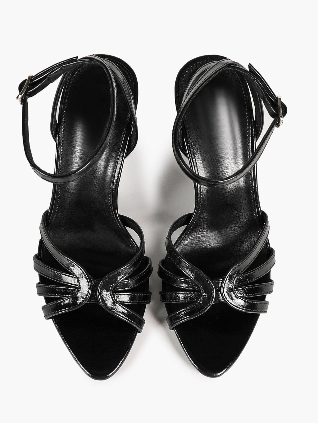 Black Glossy Strappy Open Toe Ankle Strap Sandals Knotted Multi-Band Detail Block Heels