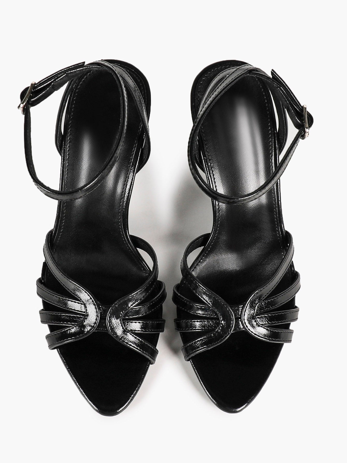 Black Glossy Strappy Open Toe Ankle Strap Sandals Knotted Multi-Band Detail Block Heels