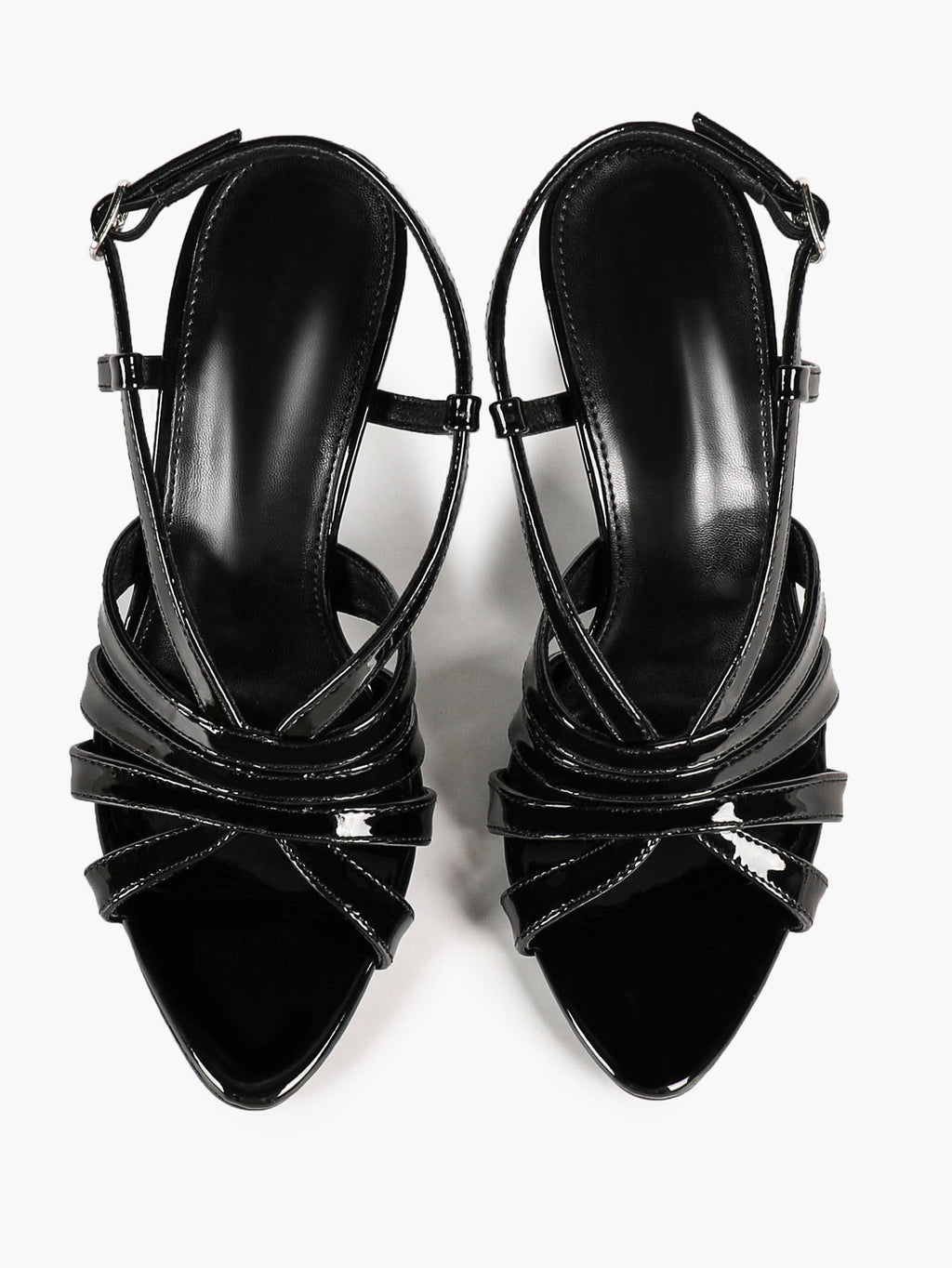 Women's Black Patent Leather Strappy Slingback Sandals Pointed Toe Crisscross Band Block Heels