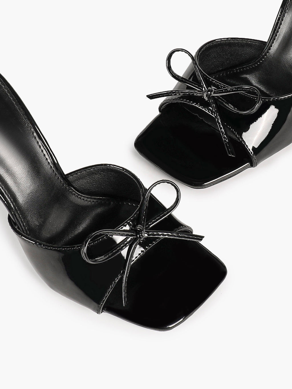 The Cool-Girl Bow: Black Patent Square-Toe Mules with a 4.13" Stiletto