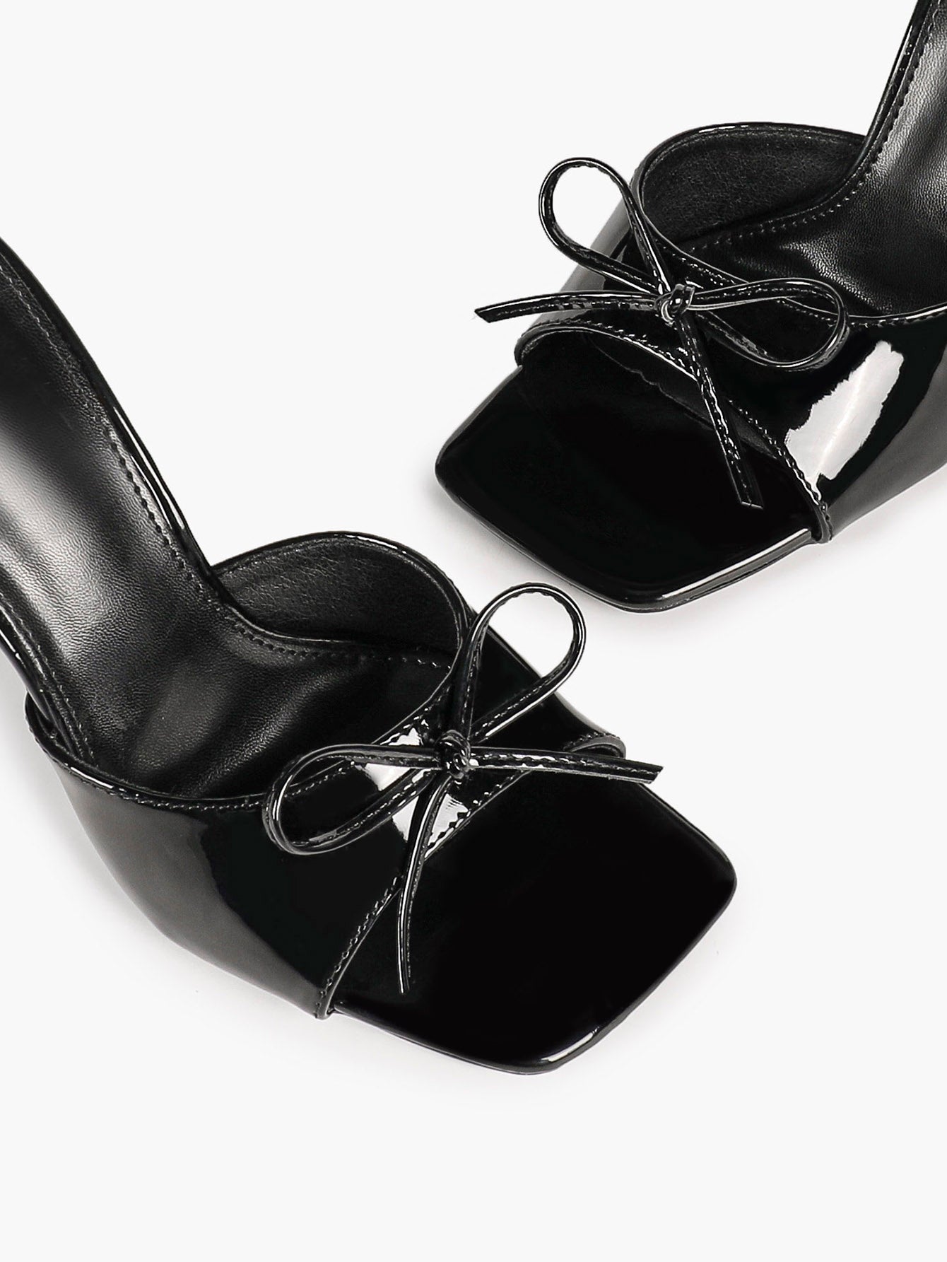 The Cool-Girl Bow: Black Patent Square-Toe Mules with a 4.13" Stiletto