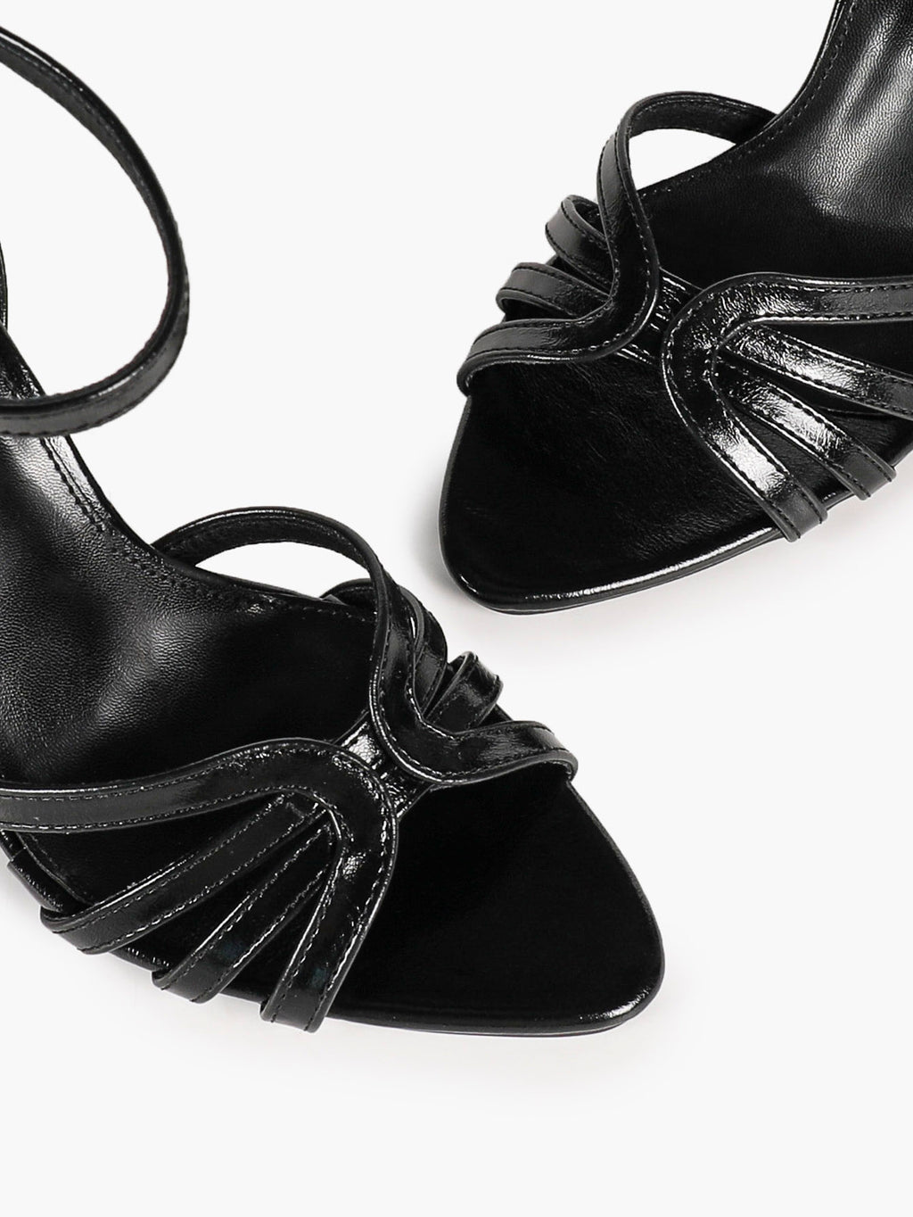 Black Glossy Strappy Open Toe Ankle Strap Sandals Knotted Multi-Band Detail Block Heels