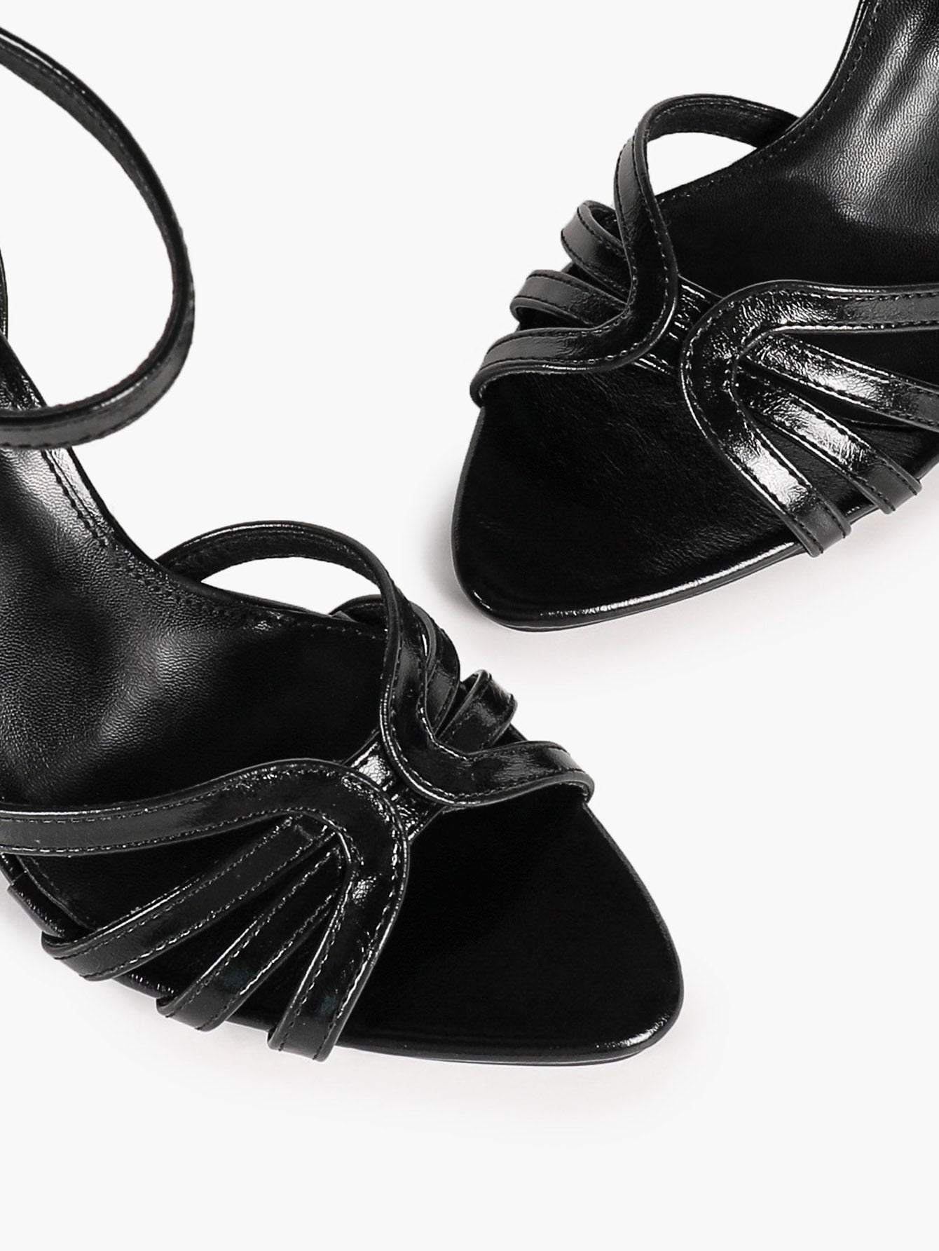 Black Glossy Strappy Open Toe Ankle Strap Sandals Knotted Multi-Band Detail Block Heels