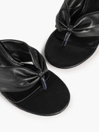 Black Faux Leather Ruched Twist Thong Mule Sandals Kitten Heels Slip-On with Soft Insole