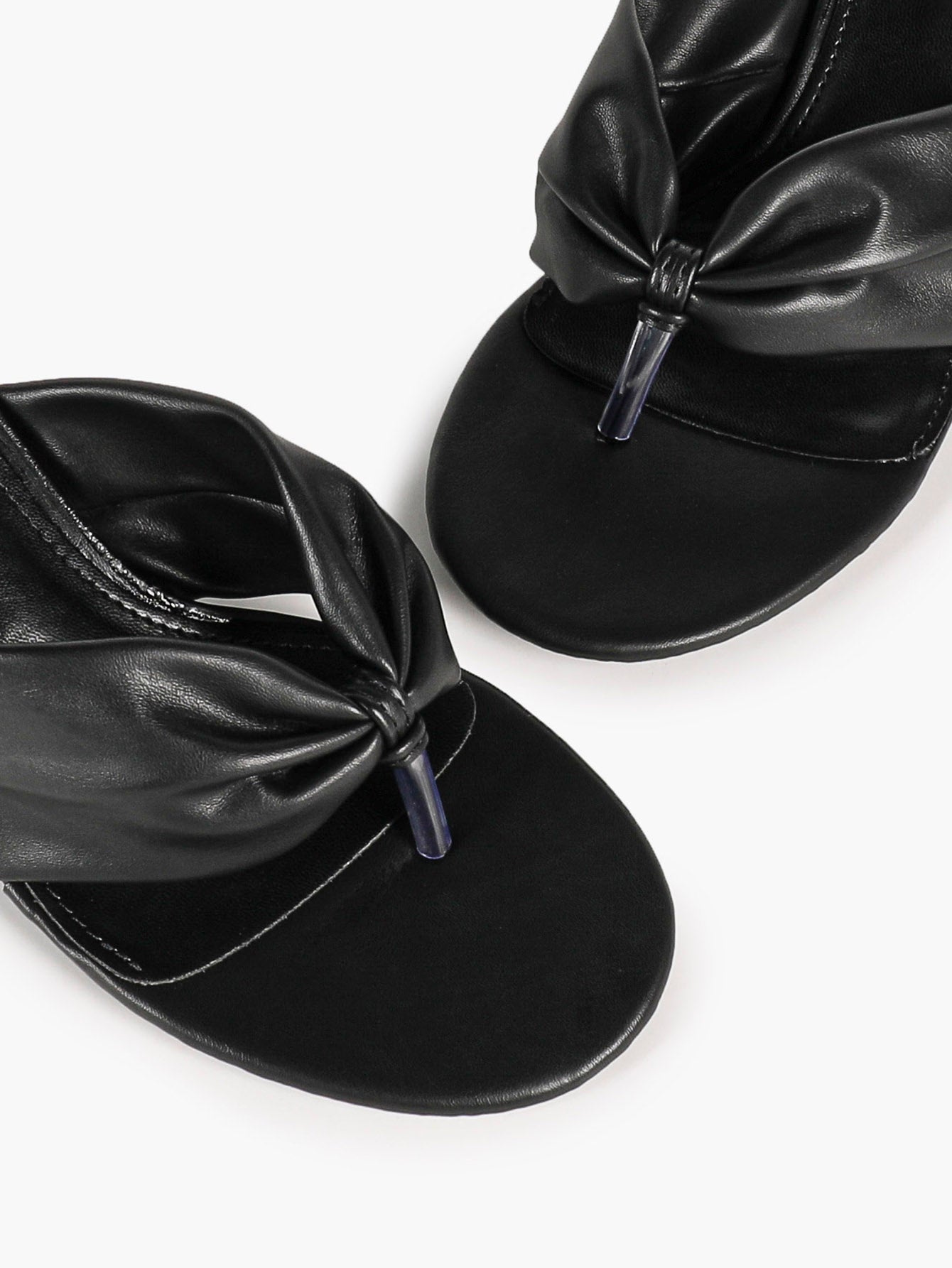 Black Faux Leather Ruched Twist Thong Mule Sandals Kitten Heels Slip-On with Soft Insole