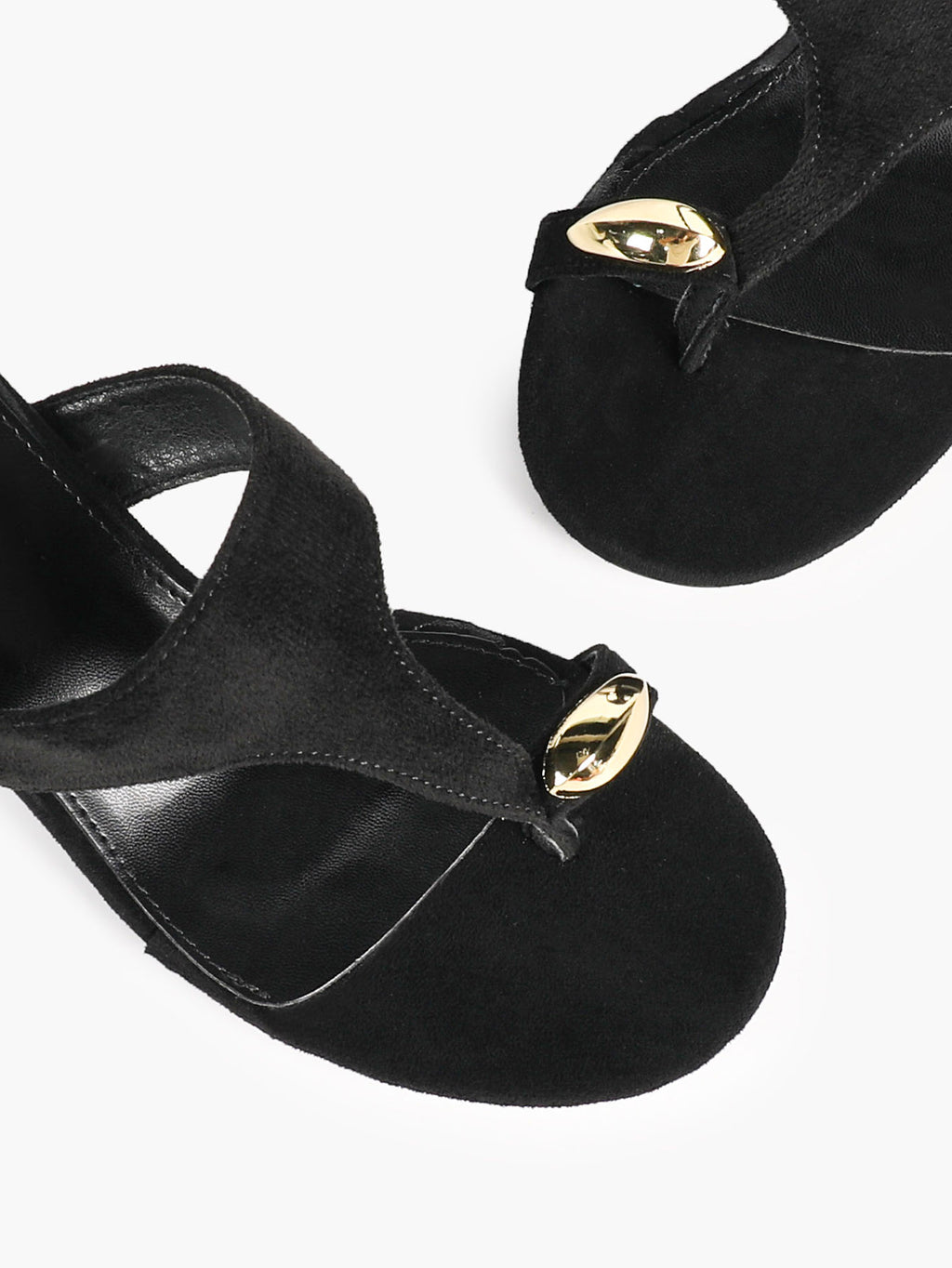 Black Suede T-Strap Thong Mule Sandals Gold Oval Metal Detail Kitten Heels Slip-On Soft Insole