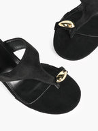 Black Suede T-Strap Thong Mule Sandals Gold Oval Metal Detail Kitten Heels Slip-On Soft Insole