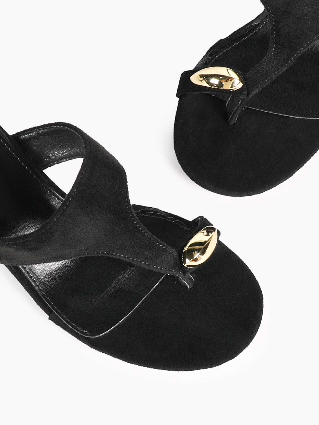 Black Suede T-Strap Thong Mule Sandals Gold Oval Metal Detail Kitten Heels Slip-On Soft Insole