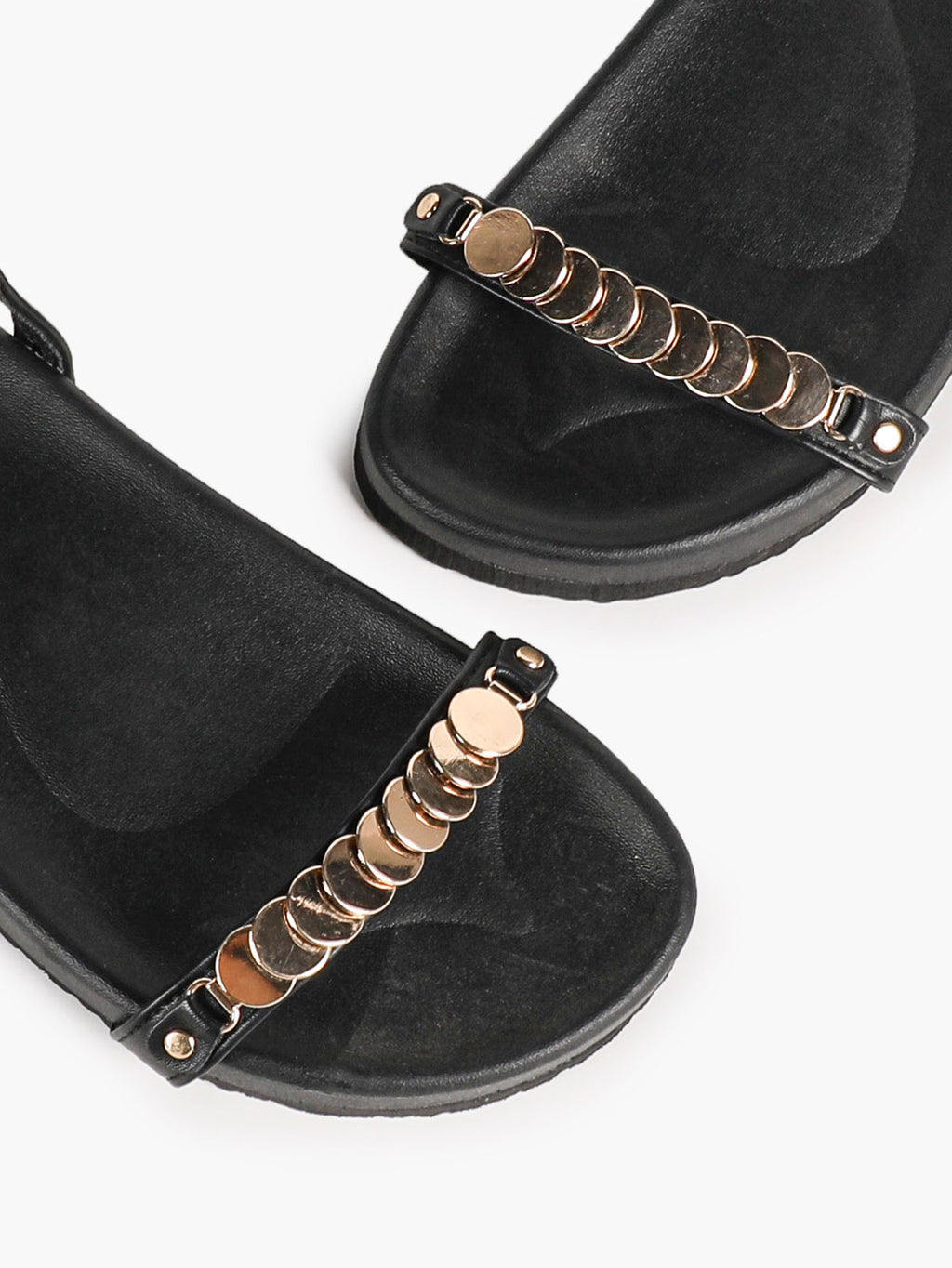 Black Leather Flat Sandals with Gold Coin Detail and Ankle Strap Summer Vacation