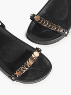 Black Leather Flat Sandals with Gold Coin Detail and Ankle Strap Summer Vacation