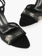 The Moonlight Muse: White Mesh Embroidered Strap Heels with a 3.74" Sculpted Heel