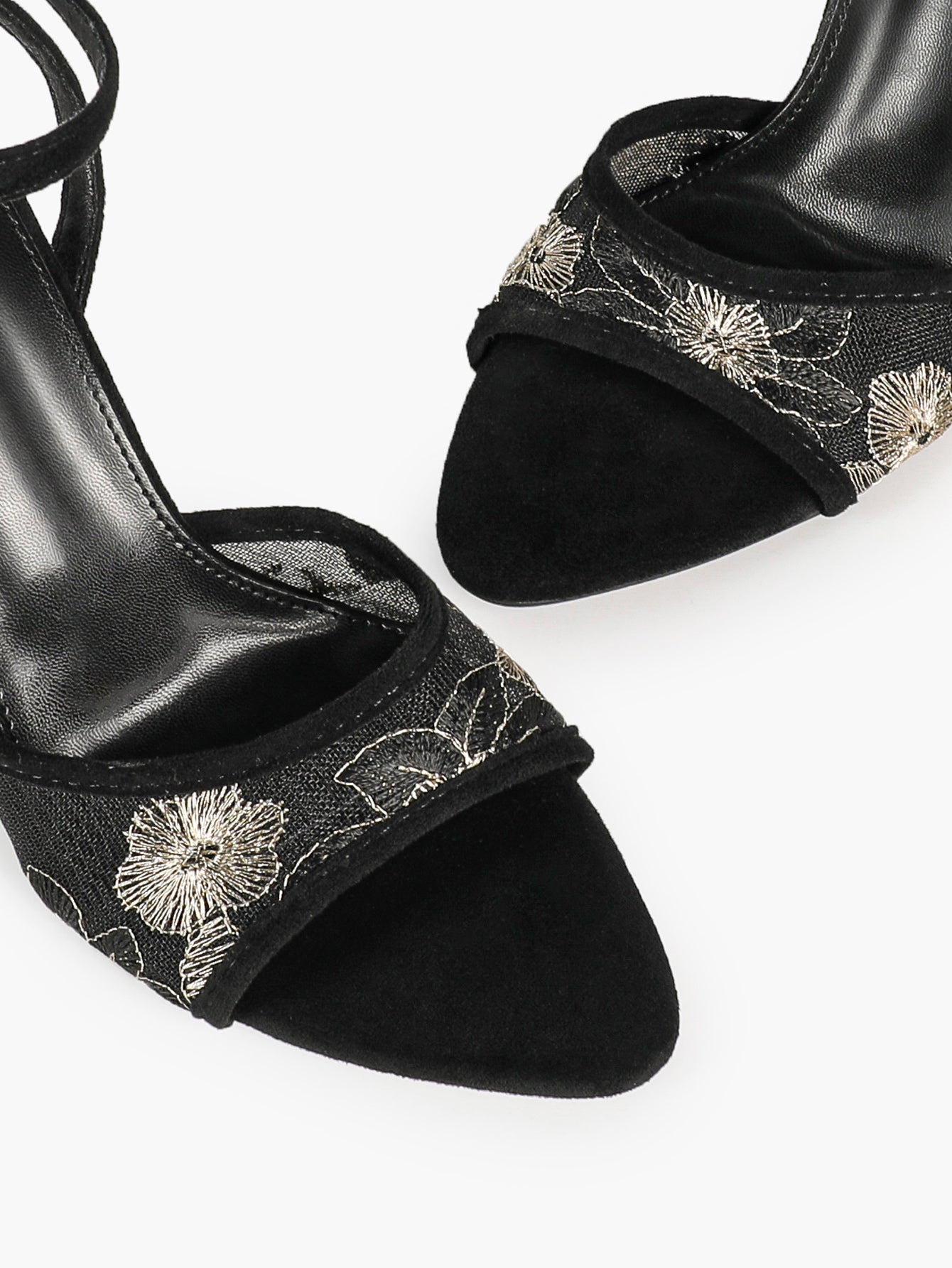 The Moonlight Muse: White Mesh Embroidered Strap Heels with a 3.74" Sculpted Heel