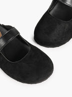 Black Suede Mary Jane Mule with Gold-Tone Buckle and Cushioned Sole