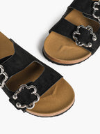 Black Suede Double-Buckle Slides with Silver-Tone Floral Hardware