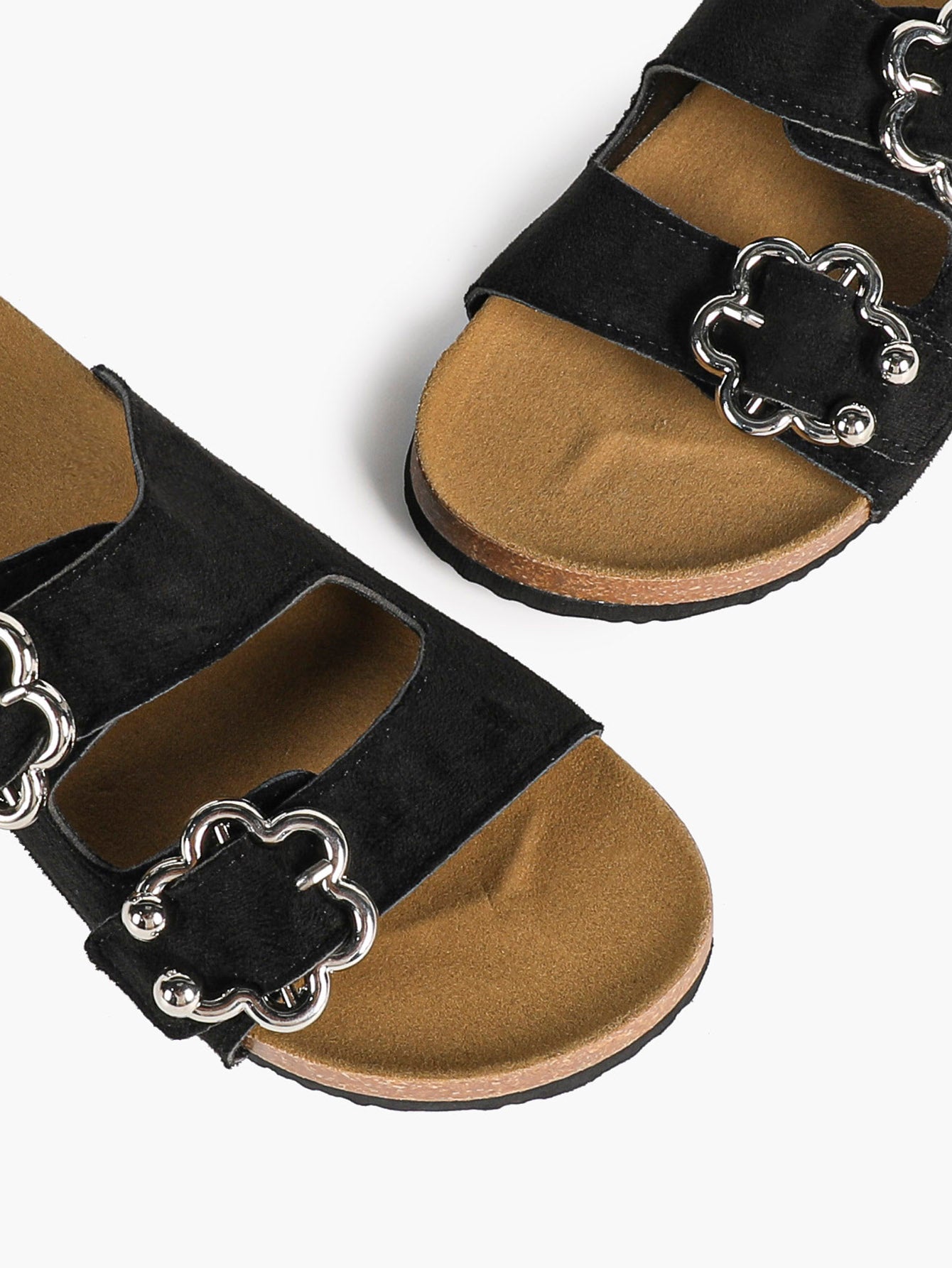 Black Suede Double-Buckle Slides with Silver-Tone Floral Hardware