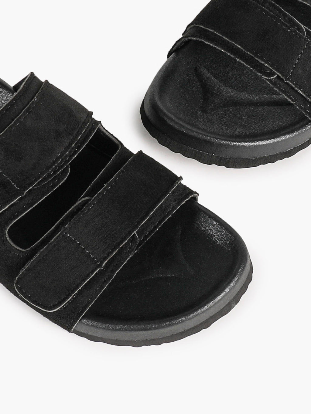 Black Suede Double-Strap Velcro Slide Sandals with Cushioned Footbed
