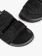 Black Suede Double-Strap Velcro Slide Sandals with Cushioned Footbed