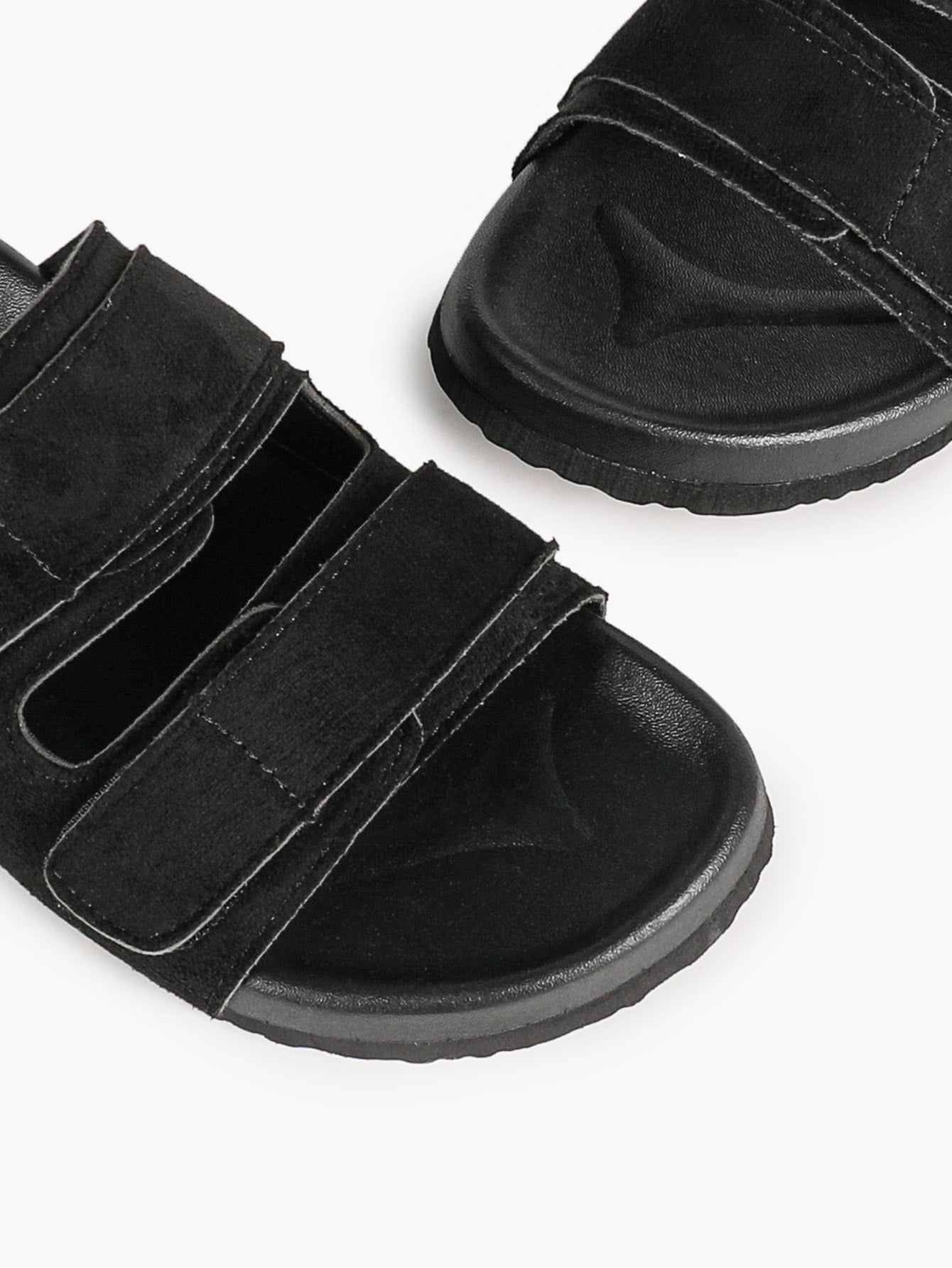 Black Suede Double-Strap Velcro Slide Sandals with Cushioned Footbed