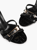 Black Croc-Embossed Patent Leather Strappy Mule Sandals Metal Buckle Detail High Stiletto Heels