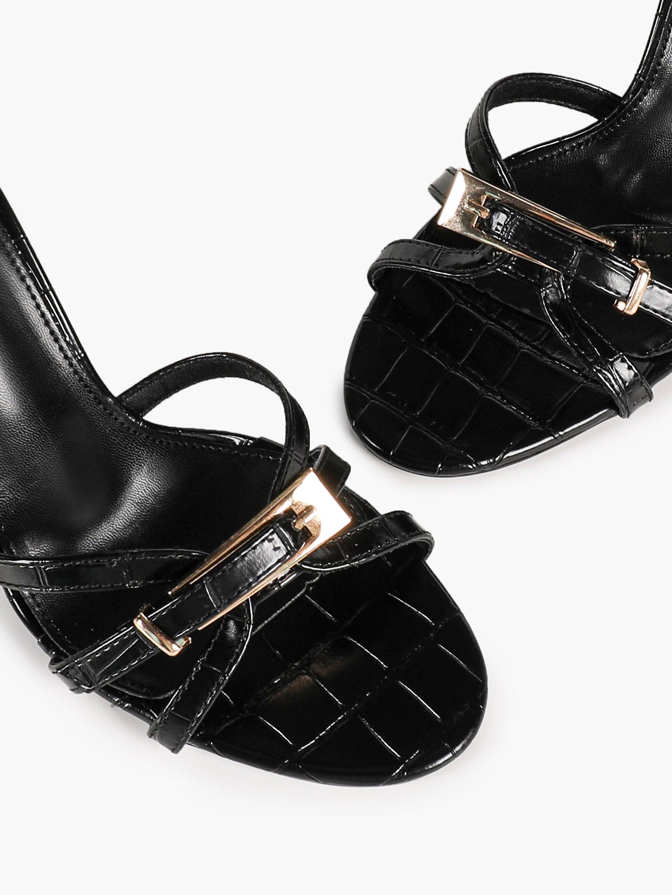 Black Croc-Embossed Patent Leather Strappy Mule Sandals Metal Buckle Detail High Stiletto Heels