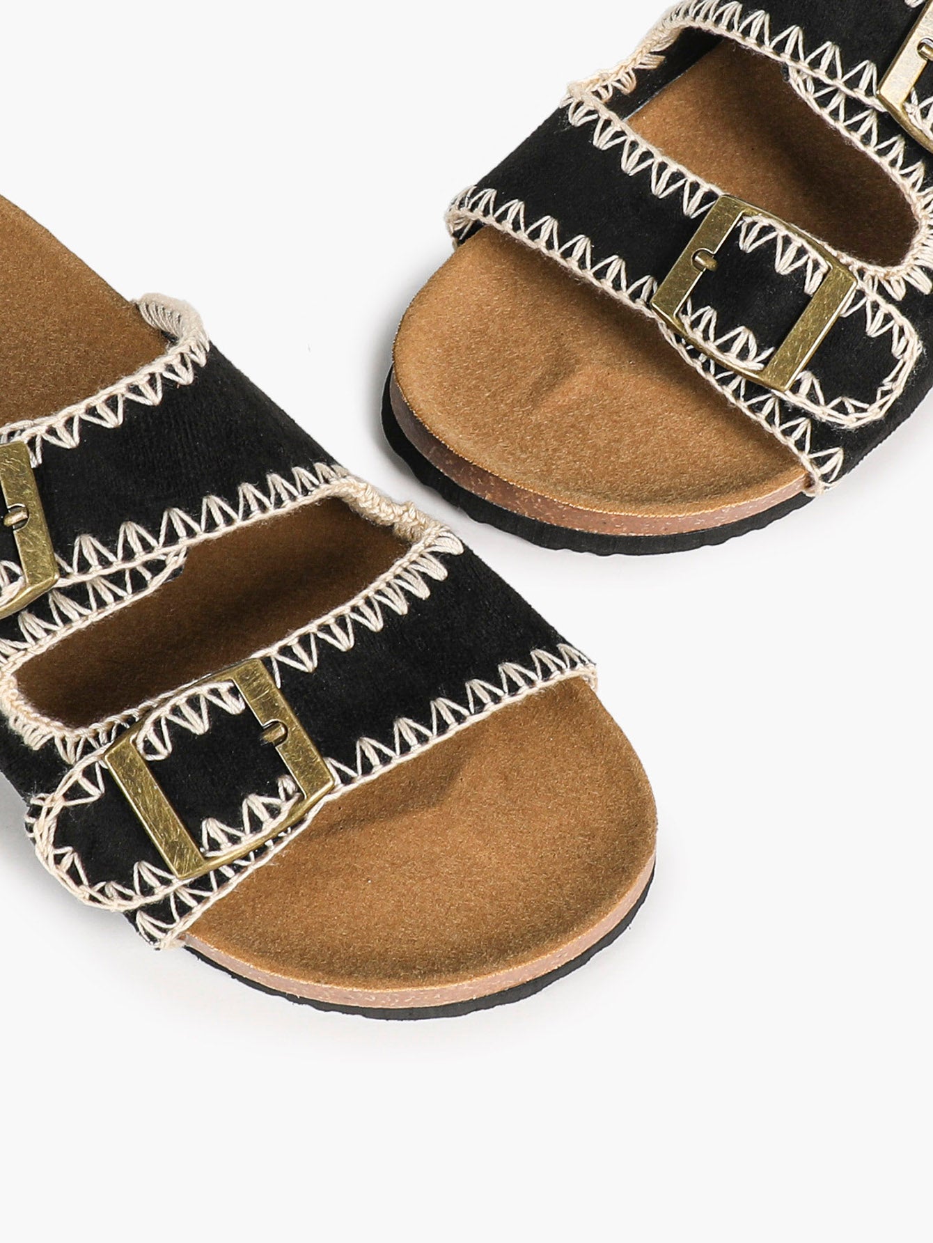Taupe Suede Slides with Contrast Whipstitch Trim and Gold-Tone Buckles