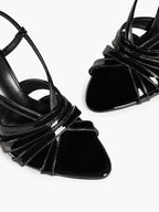 Women's Black Patent Leather Strappy Slingback Sandals Pointed Toe Crisscross Band Block Heels